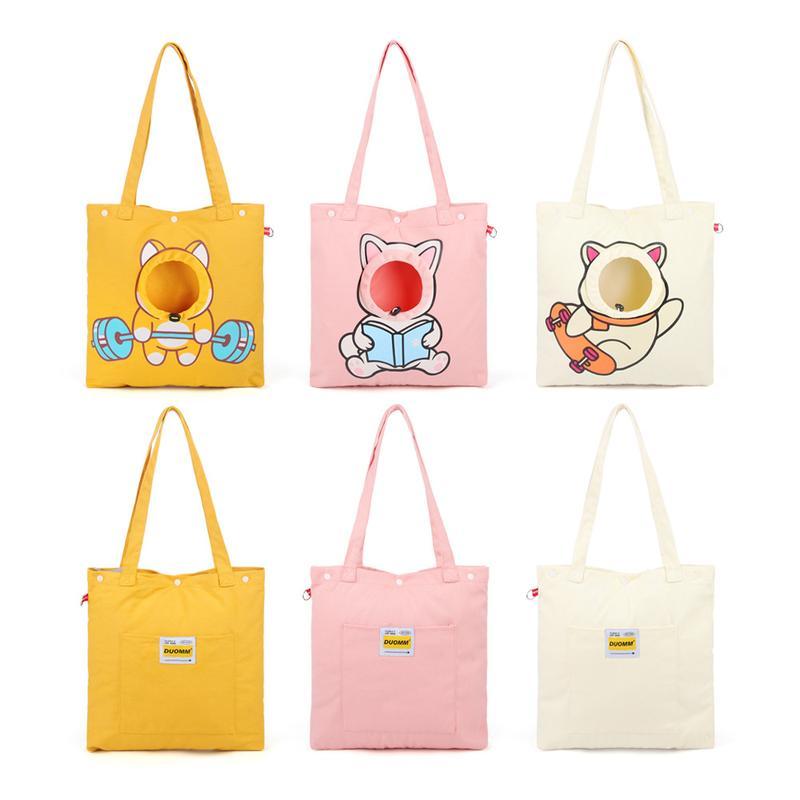 Wefulfil Open Hole Cat Carrier tote bags in yellow pink and white with cute cat designs and front openings