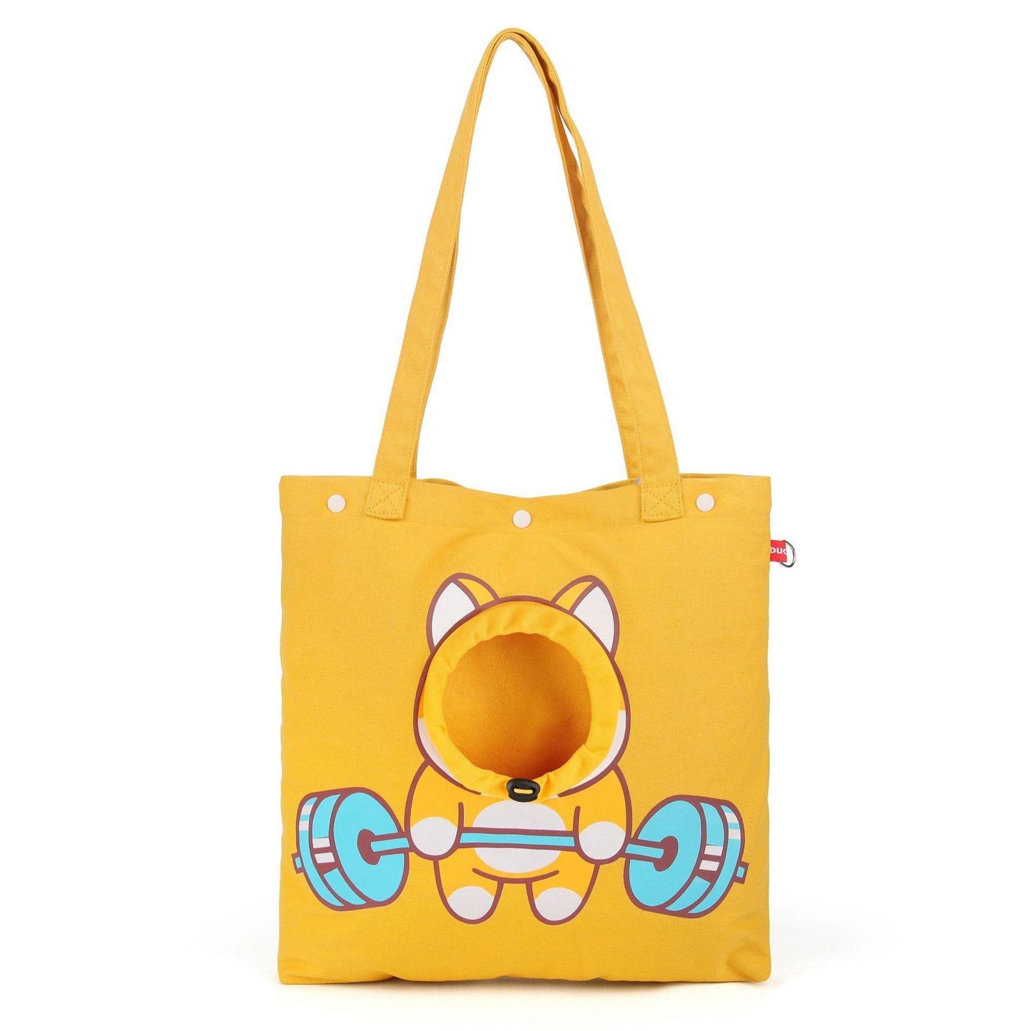 Wefulfil yellow Open Hole Cat Carrier tote bag with cute cat and weightlifting design