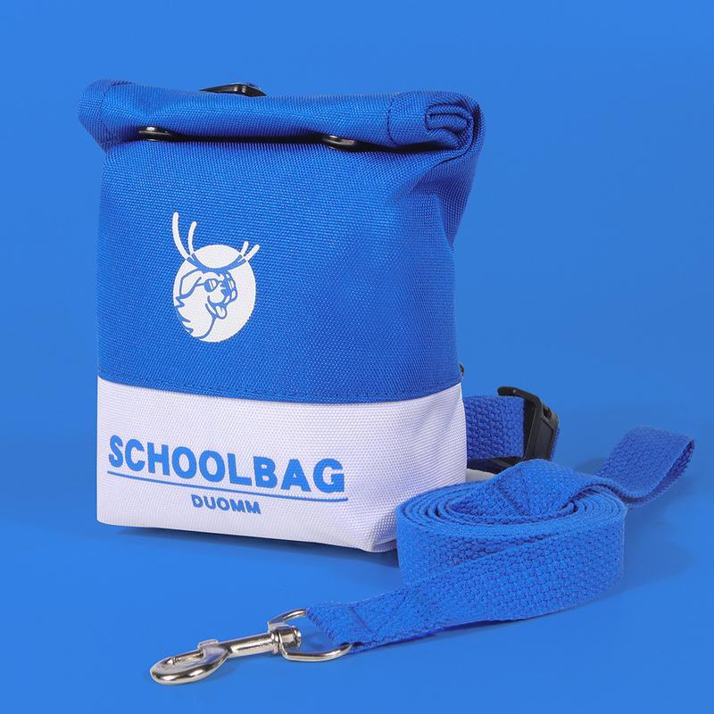 Wefulfil Schoolbag Dog Treat Backpack blue roll top pouch with white stripe and matching leash clip for training