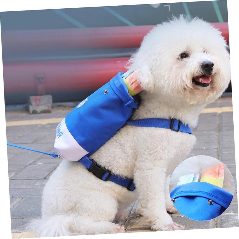 Wefulfil Schoolbag Dog Treat Backpack on small white fluffy dog blue harness pocket with visible treats