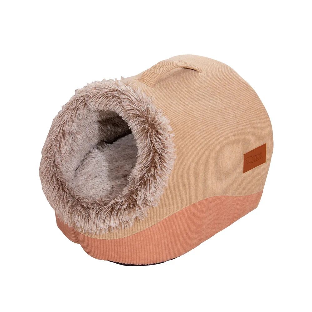 Beige pet bed with fur-lined entrance on a white background