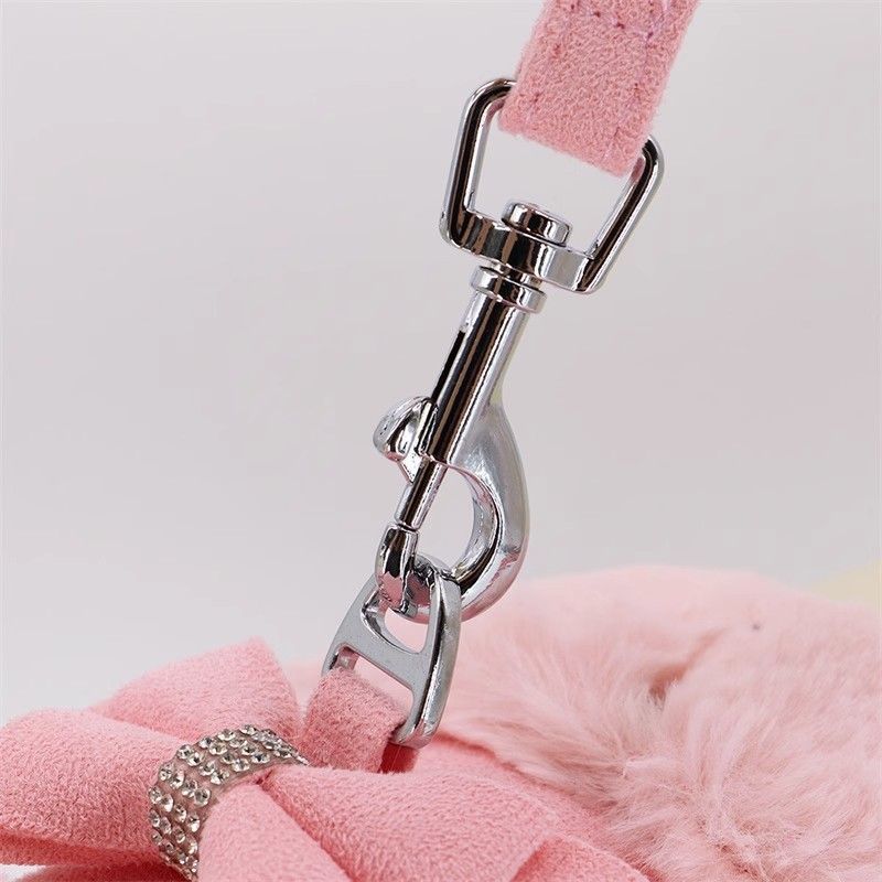 Warm Fur Collar Soft Padded Small Girl Pet Harness and Leash Set with Bow Tie