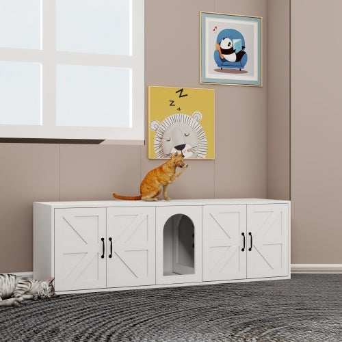 Modern Cat Litter Box Furniture With Double Room, Wooden Cat Litter Box Furniture With Cat Door - Purrfect Pet Haven