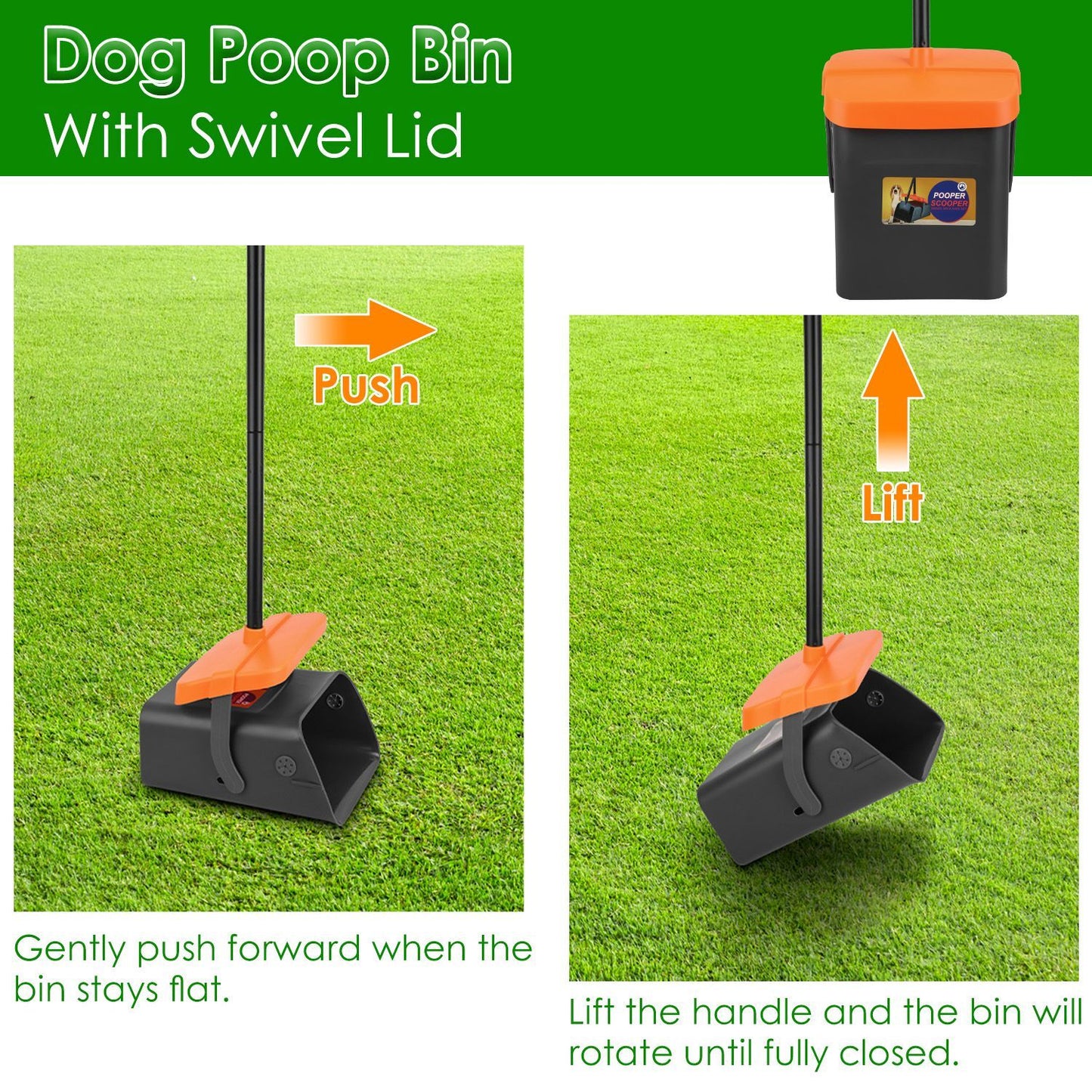 Pooper Scooper Kit Dog Poop Rake & Swiveling Bin Poop Heavy Duty Pick Up Tool With Extra Long Handle 35 Waste Bags Dispenser