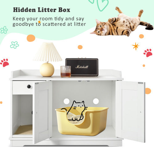 GO Cat Litter Box Enclosure, Litter Box Furniture Hidden With Cat Litter Mat, Indoor Cat House With Storage Drawer Side Table, Farmhouse Style Cat Box Cabinet For Living Room, White