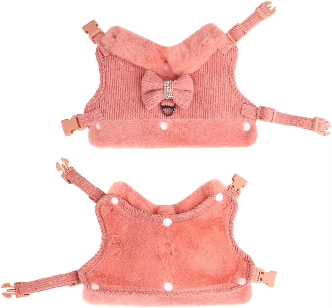 Warm Fur Collar Soft Padded Small Girl Pet Harness and Leash Set with Bow Tie