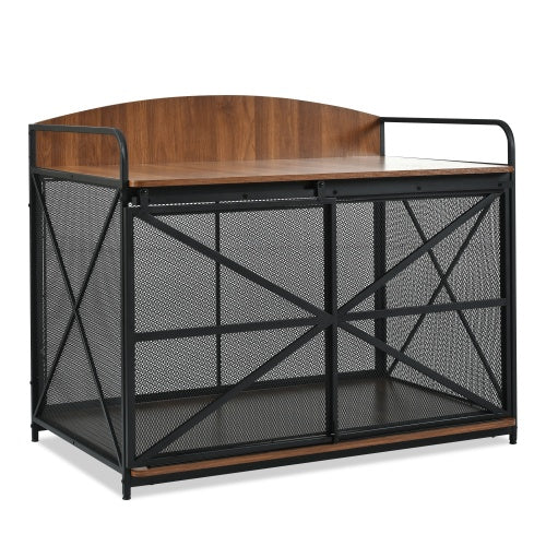 Wefulfil Farmhouse Wooden Dog Crate with black metal mesh and wooden top for pet safety
