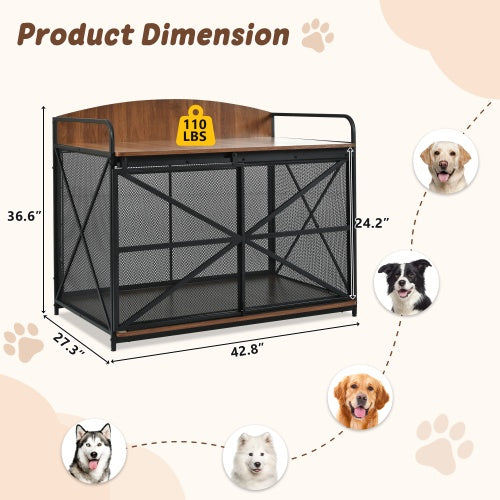 Wefulfil Farmhouse Wooden Dog Crate with metal mesh panels and wood top measuring 42.8 by 27.3 inches