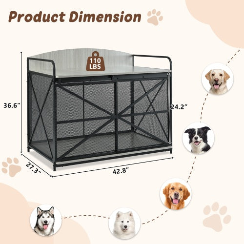 Wefulfil Farmhouse Wooden Dog Crate with metal mesh sides and wooden top, measuring 42.8 by 27.3 by 36.6 inches