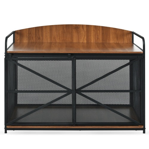 Wefulfil Farmhouse Wooden Dog Crate with metal mesh doors and wooden top for pets