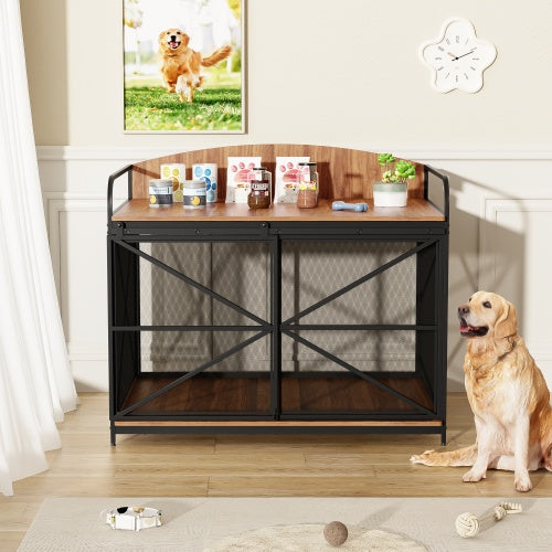 Wefulfil Farmhouse Wooden Dog Crate with metal frame and wooden top in a cozy living room