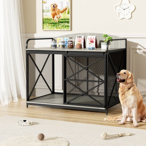 Wefulfil Farmhouse Wooden Dog Crate with black metal frame and spacious interior beside a sitting golden retriever
