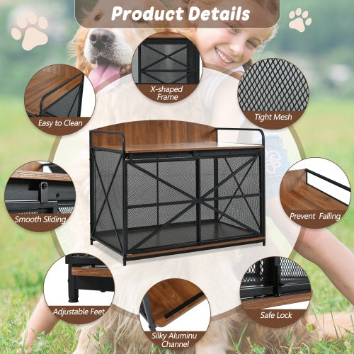 Wefulfil Farmhouse Wooden Dog Crate with X-shaped frame, tight mesh, smooth sliding, and adjustable feet