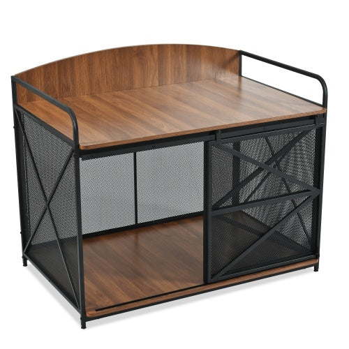 Wefulfil Farmhouse Wooden Dog Crate with metal mesh sides and sliding door for pets