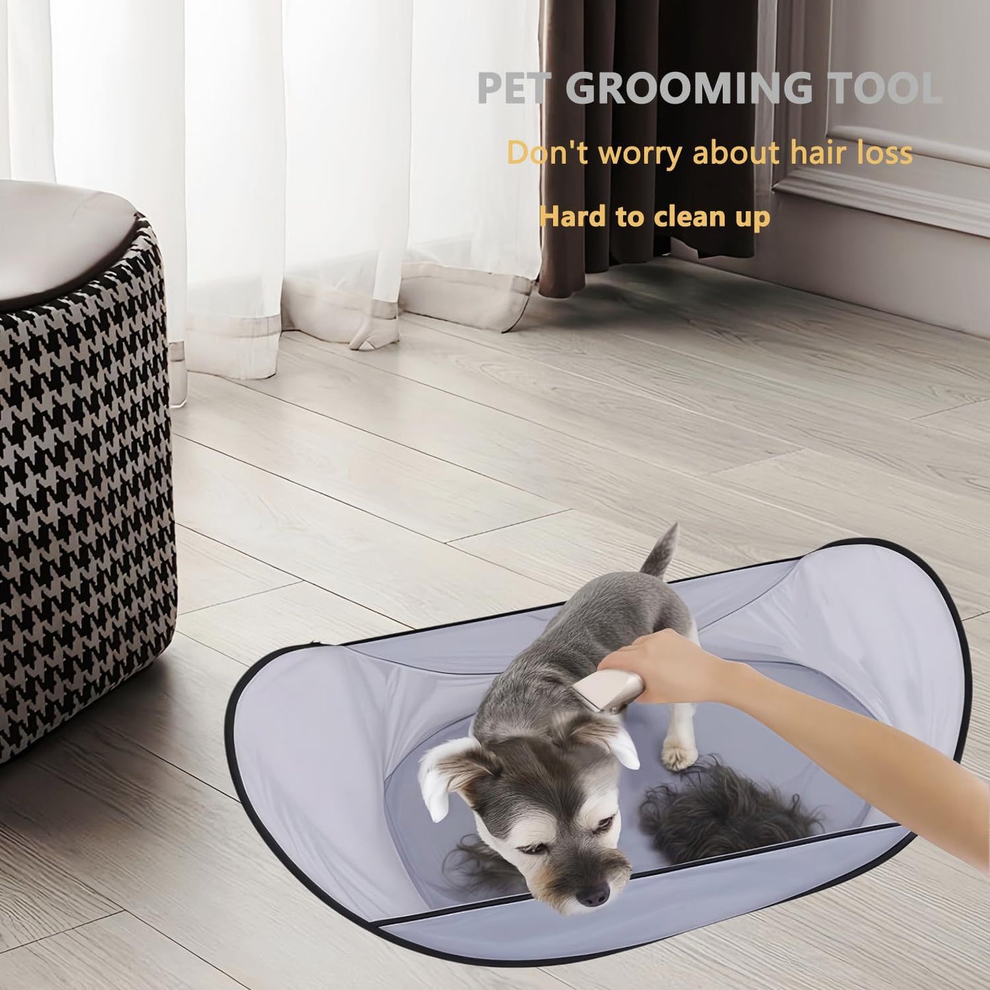 Wefulfil pet hair catcher cape on floor with small dog being brushed trapping loose fur for easy cleanup
