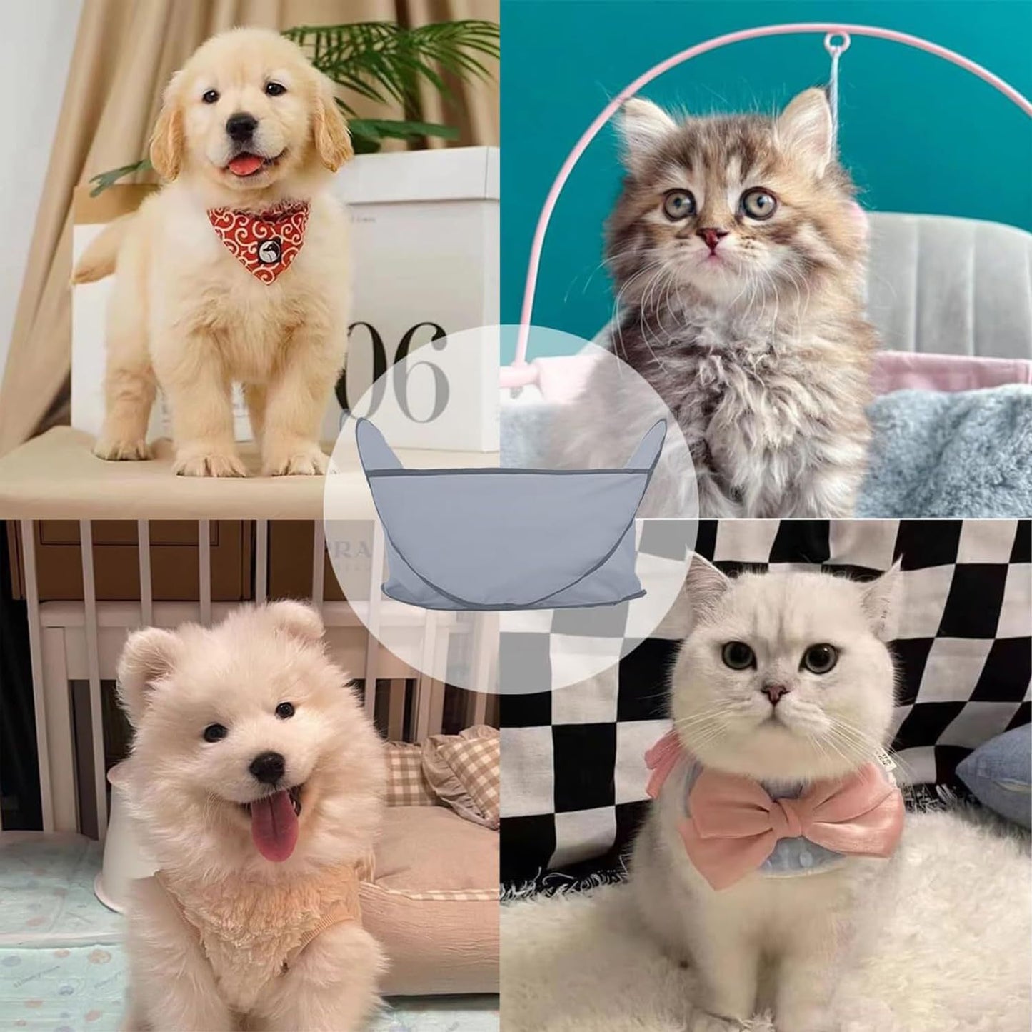 Wefulfil pet hair catcher cape displayed with fluffy golden retriever puppy, kitten, Samoyed puppy and white cat