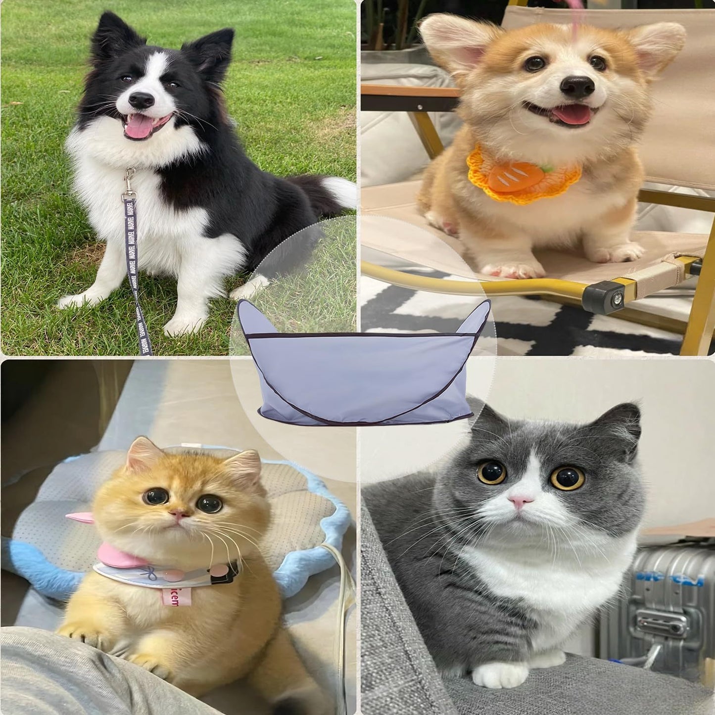 Wefulfil pet hair catcher cape shown with happy dogs and cats in collage demonstrating fur collection