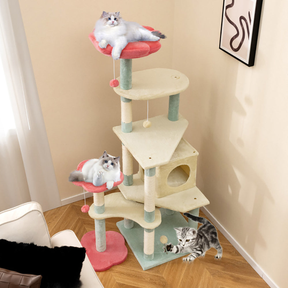 Wefulfil Flower-Shaped Padded Perch cat tree with multiple platforms and playful kittens on beige carpet