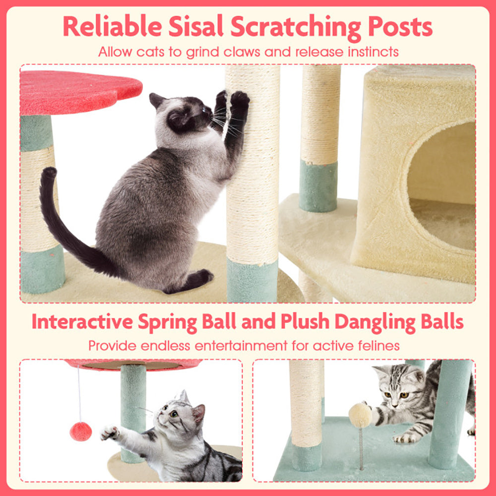 Wefulfil Flower-Shaped Padded Perch with sisal scratching posts and interactive spring ball for cats