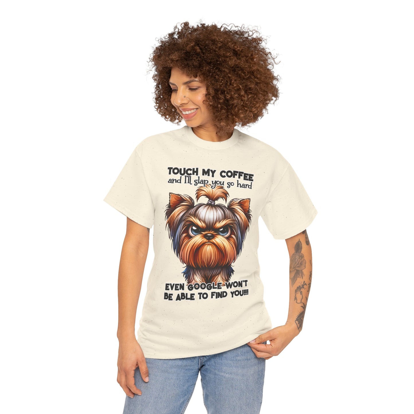 Funny Dog Graphic T-Shirt with a fierce dog illustration and humorous coffee warning text