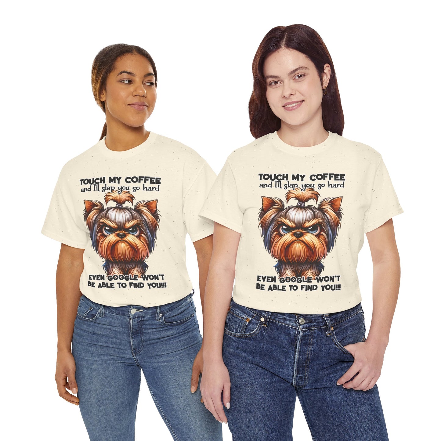 Funny Dog Graphic T-Shirt with a cute dog illustration and coffee humor, worn by two women