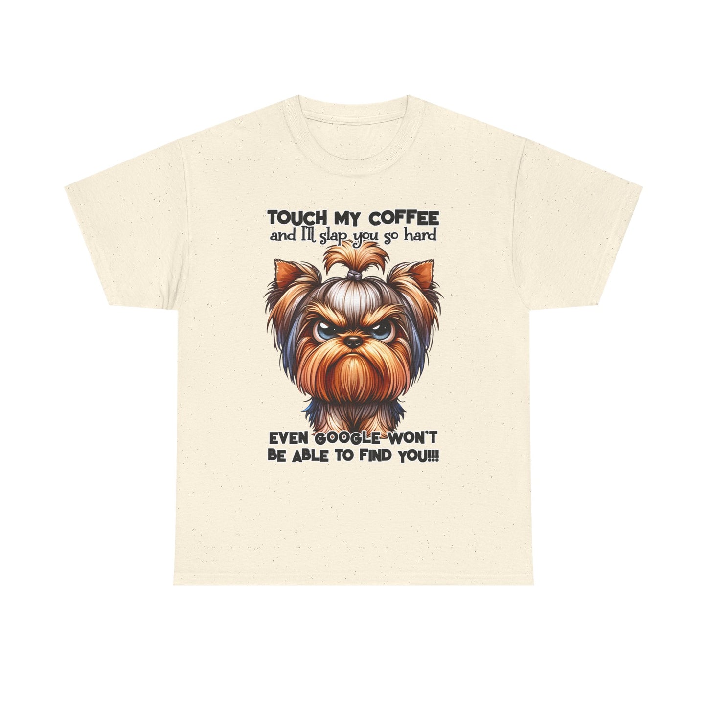 Funny Dog Graphic T-Shirt featuring an angry dog illustration and humorous coffee quote on a cream background
