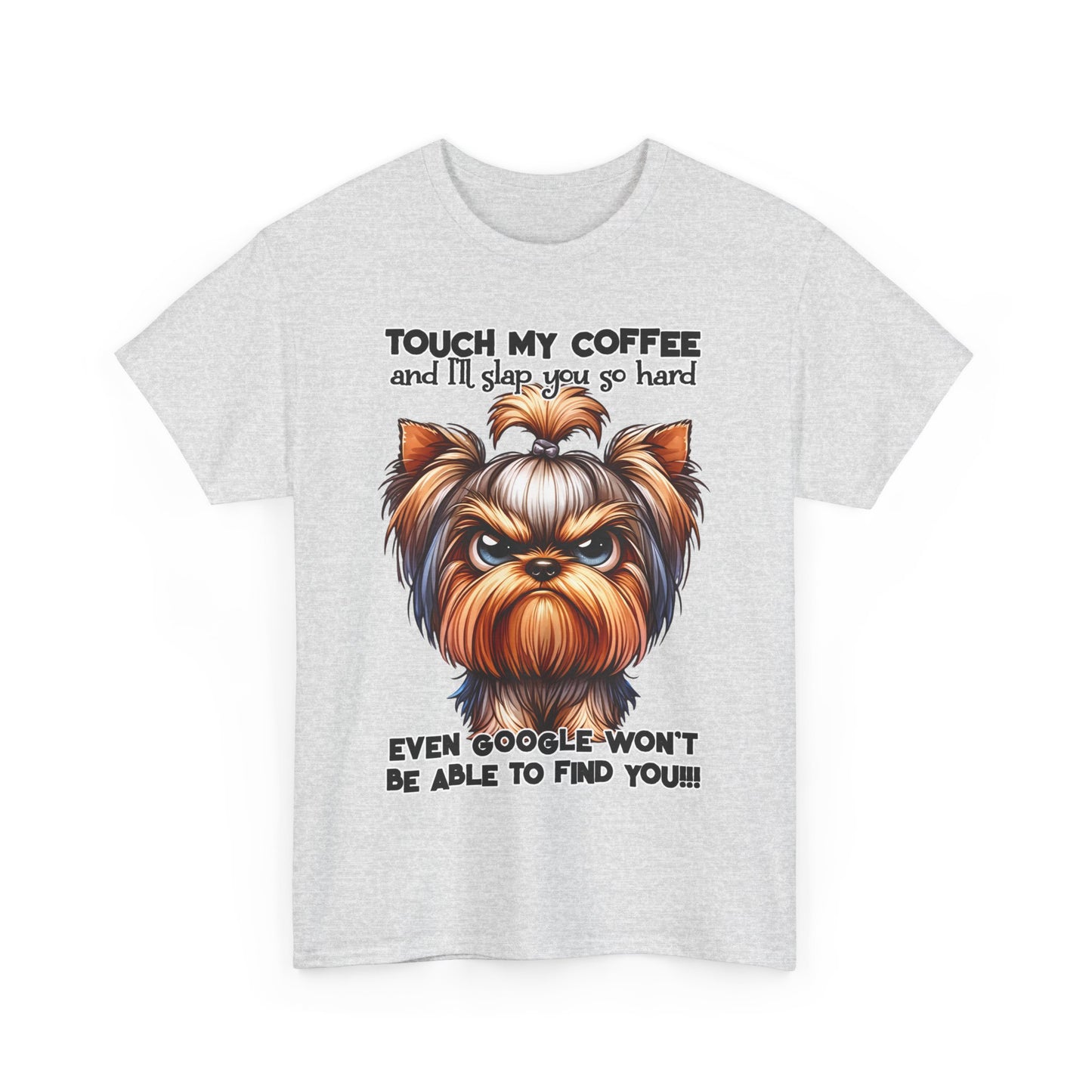 Printify Funny Dog Graphic T-Shirt with angry dog and coffee quote on light gray fabric