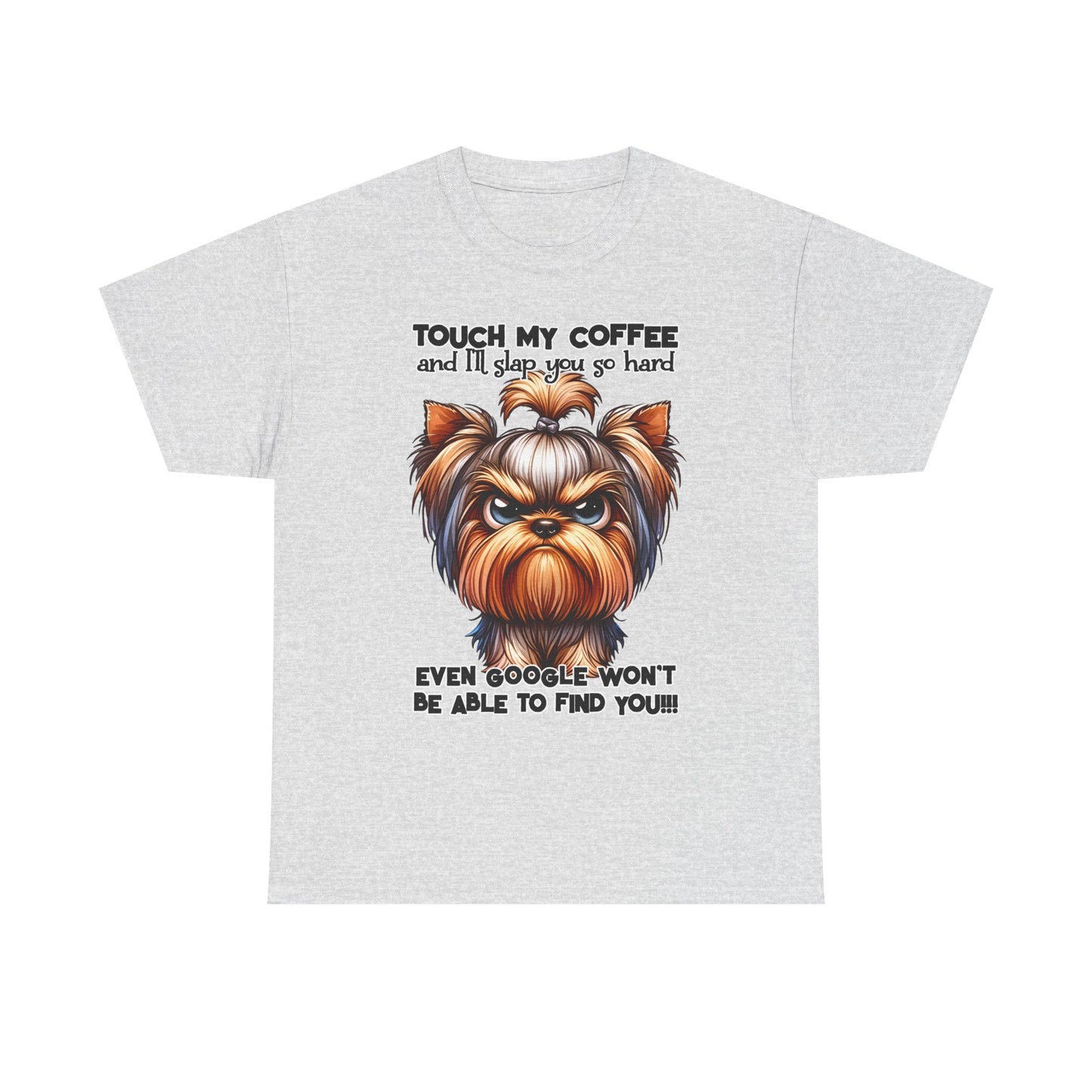 Gray Funny Dog Graphic T-Shirt featuring an angry dog and coffee warning text