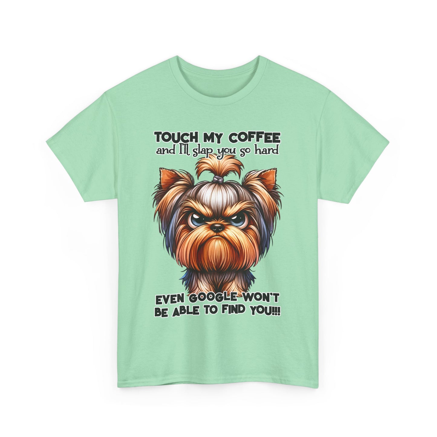 Funny Dog Graphic T-Shirt with angry dog illustration and humorous coffee warning text on light green fabric