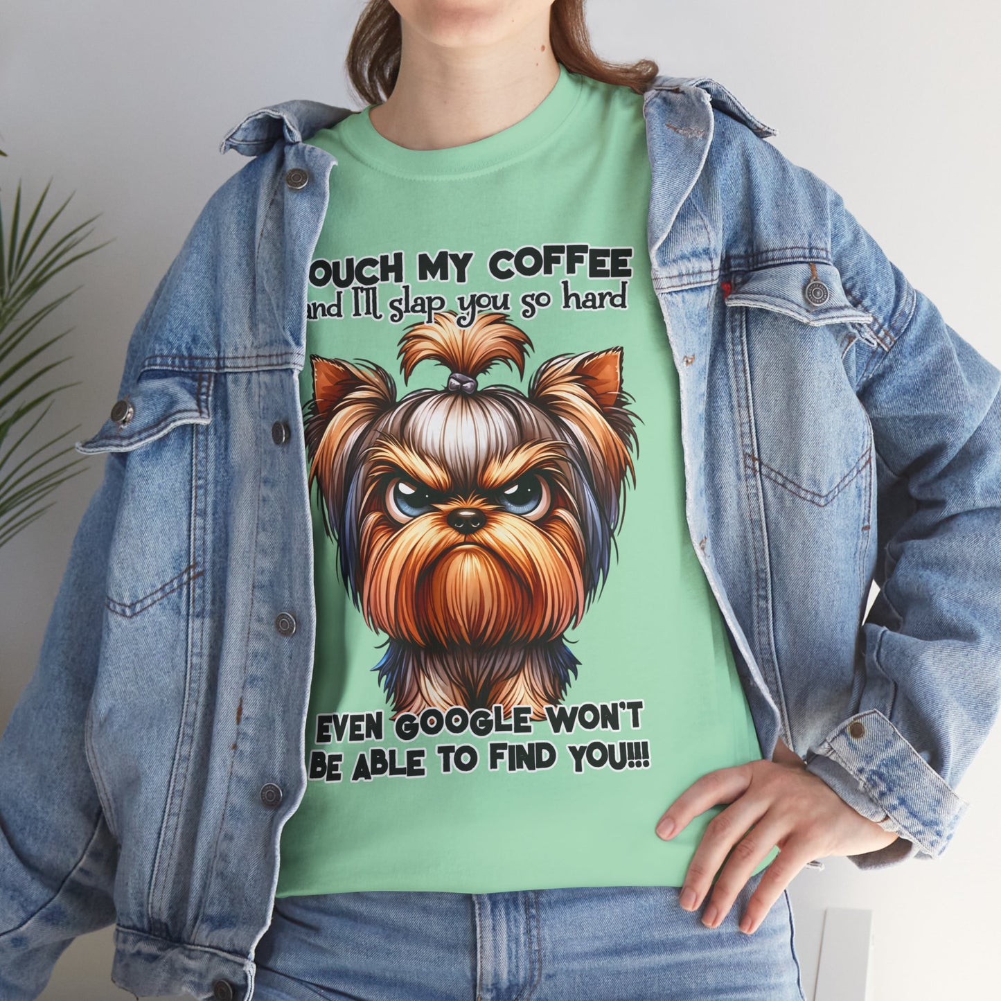 Funny Dog Graphic T-Shirt with a fierce dog and humorous coffee slogan in mint green