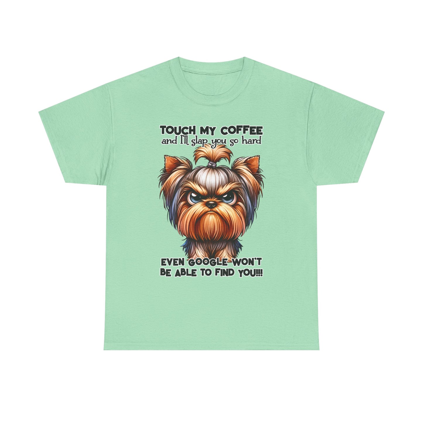 Printify funny dog graphic t-shirt with angry dog illustration and coffee warning text on light green