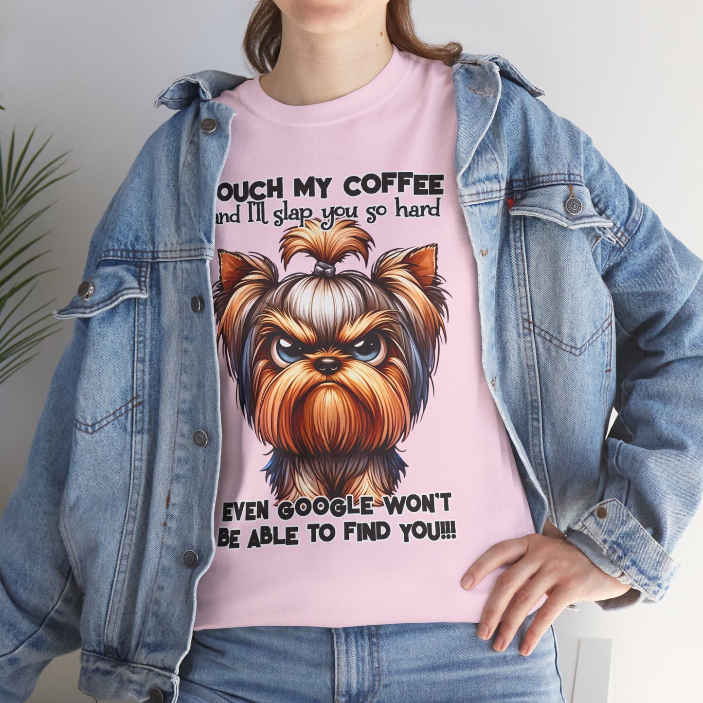 Funny Dog Graphic T-Shirt with a humorous angry dog and coffee quote in pink color