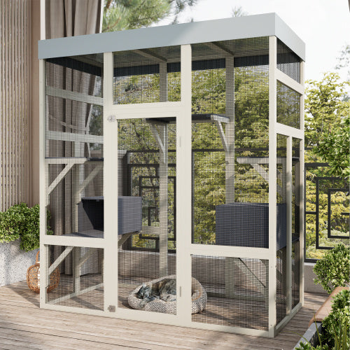 Wefulfil outdoor cat run Pet Enclosure With Waterproof Top on patio with mesh panels platforms and bed