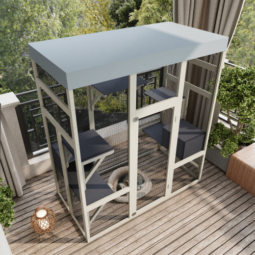 Wefulfil Pet Enclosure With Waterproof Top on balcony with white mesh frame and multiple interior platforms