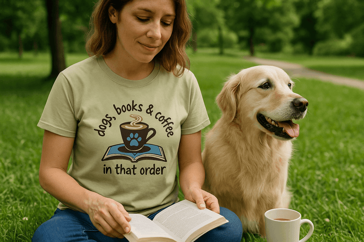 Dogs Books Coffee T-Shirt - Literary Pet Parent Lifestyle - Purrfect Pet Haven