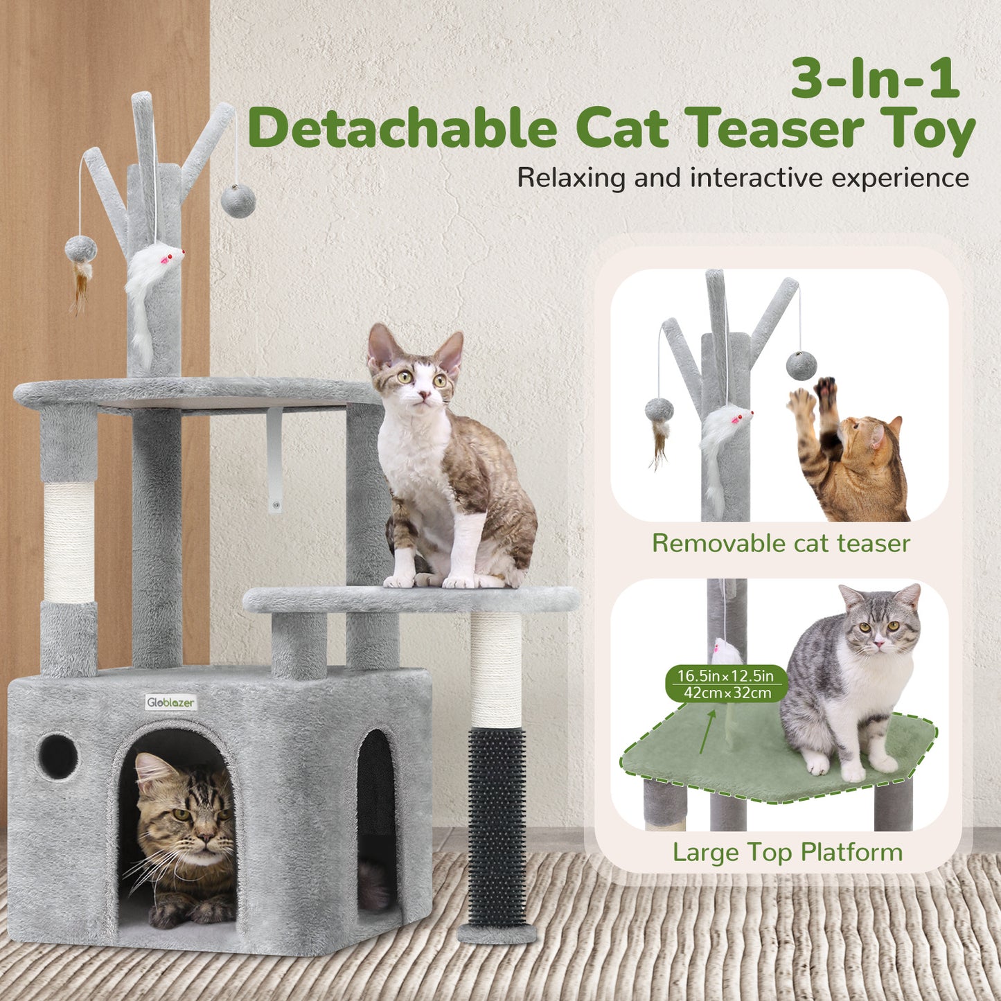 Wefulfil Grey Cat Tree Tower with 3-in-1 detachable cat teaser toy and large top platform