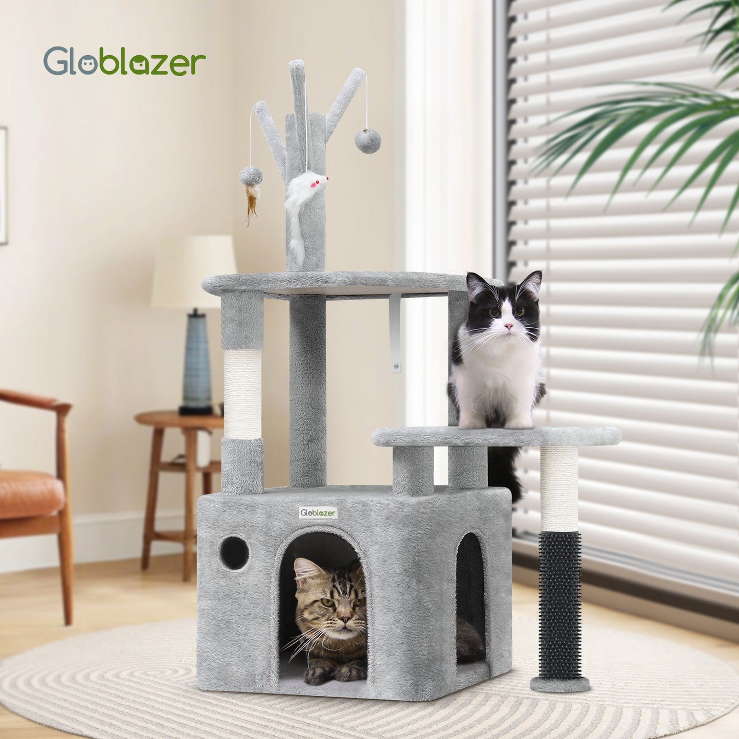 Wefulfil Grey Cat Tree Tower with multiple levels and hanging toys for indoor cats