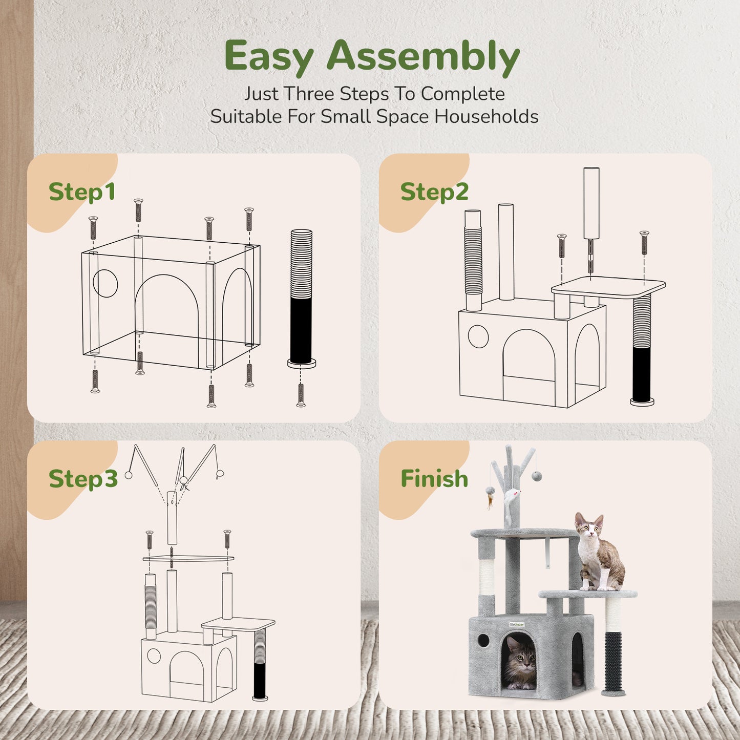 Easy assembly instructions for Wefulfil Grey Cat Tree Tower in three steps with cats playing