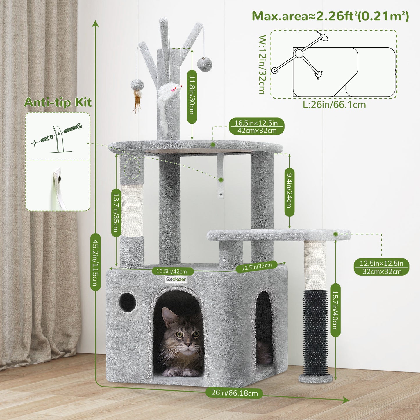 Wefulfil Grey Cat Tree Tower with multiple platforms, scratching post, and cozy cubby for cats