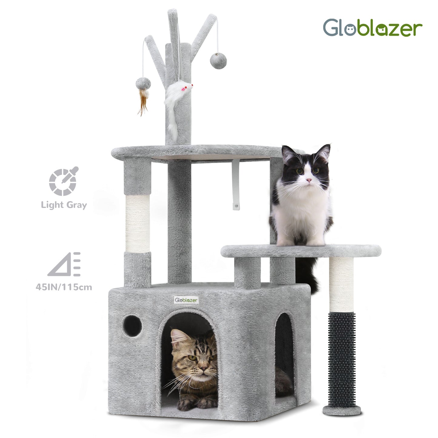 Wefulfil Grey Cat Tree Tower with multiple platforms, scratching posts, and hanging toys for cats