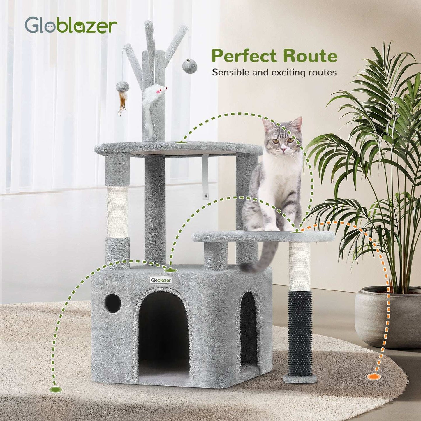 Wefulfil Grey Cat Tree Tower with multi-level platforms and scratching posts for cats