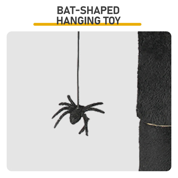Bat-shaped hanging toy attached to black Gothic Halloween Cat Tower for cat entertainment