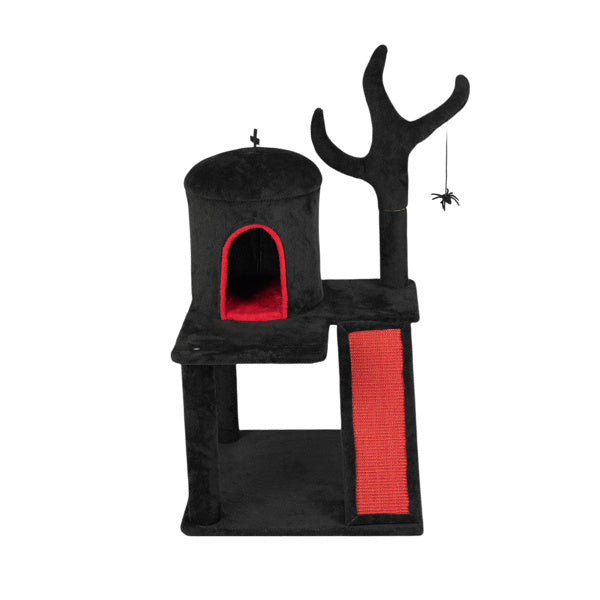 Wefulfil Gothic Halloween Cat Tower in black with red accents and spider toy for cats