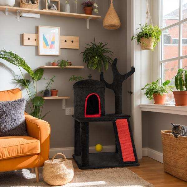 Wefulfil Gothic Halloween Cat Tower in black with red accents in a cozy living room