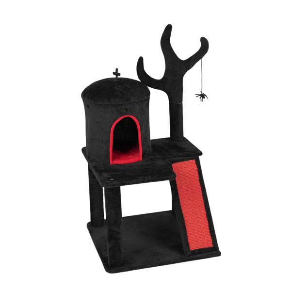 Wefulfil Gothic Halloween Cat Tower in black and red with tree design and hanging spider toy