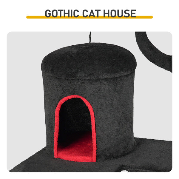 Wefulfil Gothic Halloween Cat Tower with black plush fabric and red interior cozy cat house