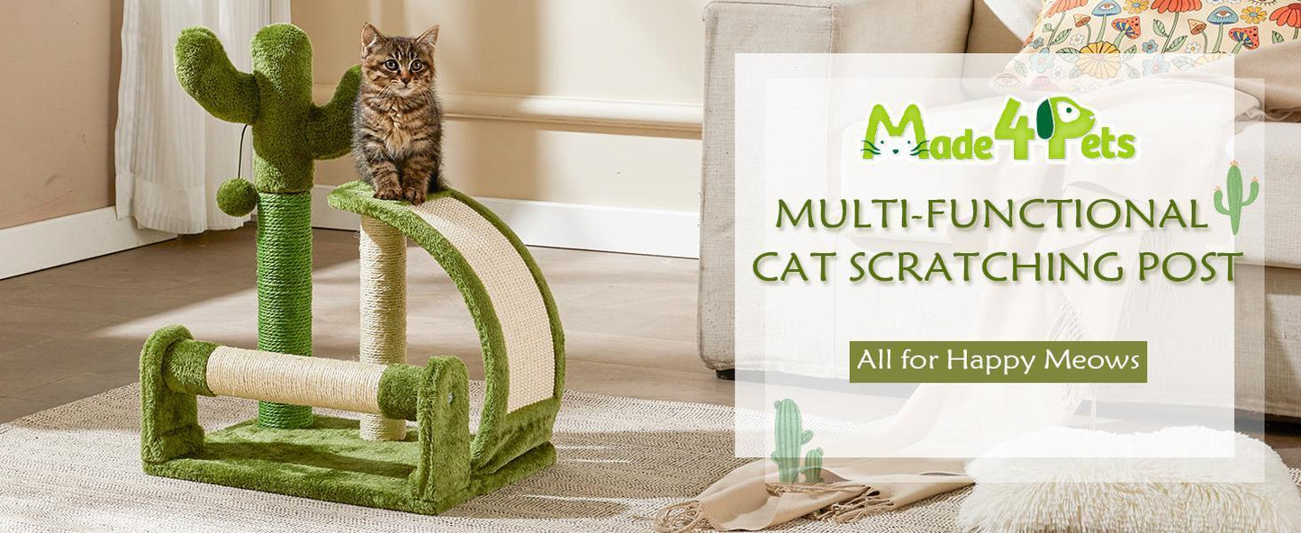 Wefulfil Green Cactus Shape Cat multi-functional scratching post with a cat sitting on top