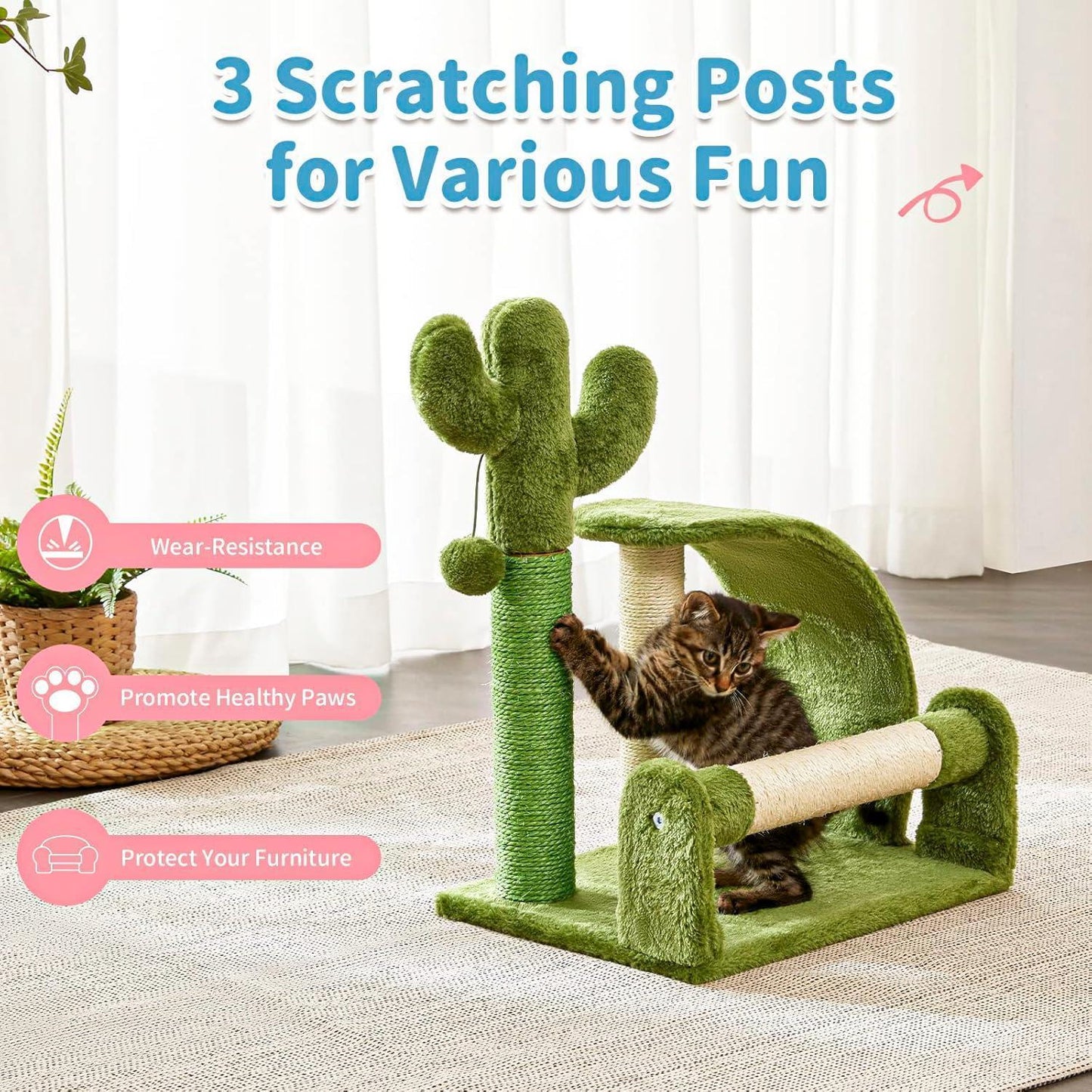 Wefulfil Green Cactus Shape Cat scratching post set with three wear-resistant posts for healthy paws