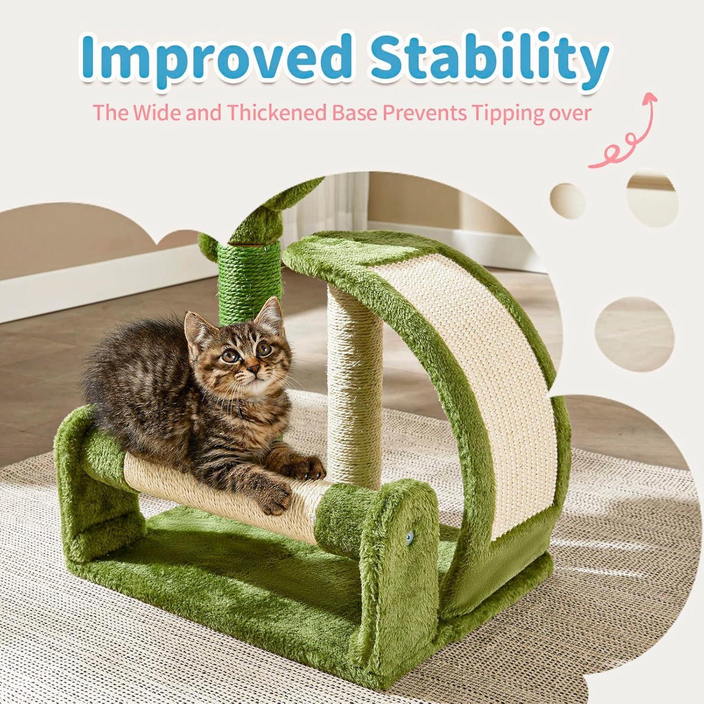 Green Cactus Shape Cat scratching post with thickened base and playful kitten lounging on it
