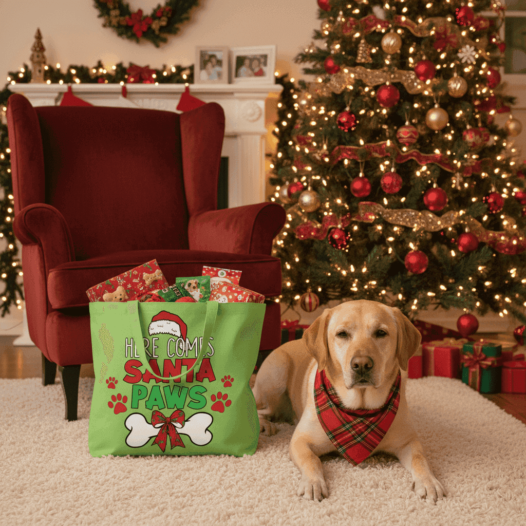 Santa Paws Holiday Tote with Festive Paw Prints for Dogs - Purrfect Pet Haven
